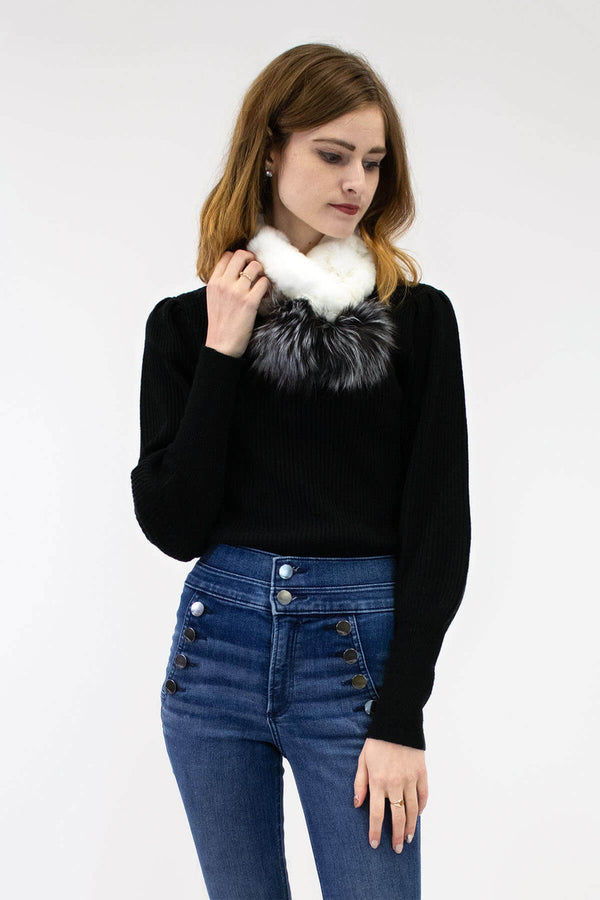 Surell Rex Rabbit Scarf With Fox Fur Poms