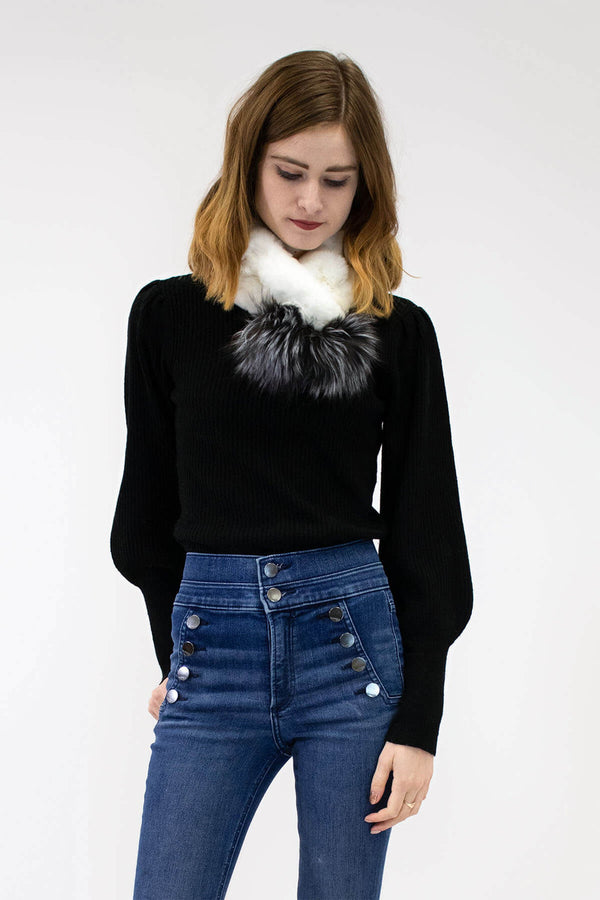 Surell Rex Rabbit Scarf With Fox Fur Poms