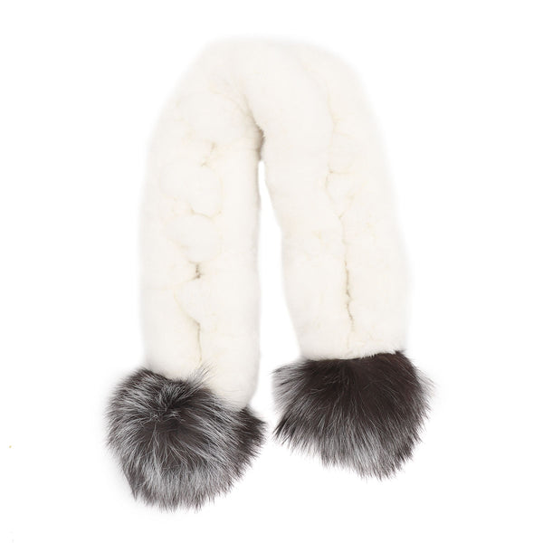 surell Rex Rabbit Scarf with Fox Fur Poms