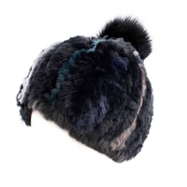 Surell Rex Rabbit Textile Knit Beanie With Fox Pom