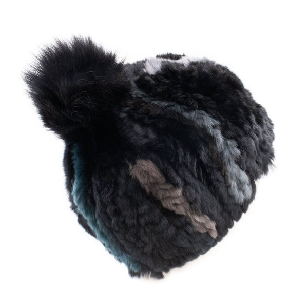 Surell Rex Rabbit Textile Knit Beanie With Fox Pom