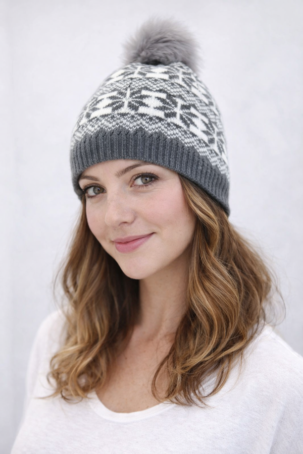 Surell Snowflake Beanie With Faux Fox Fur Pom