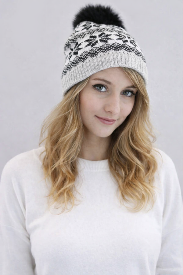 surell Snowflake Beanie with Faux Fox Fur Pom