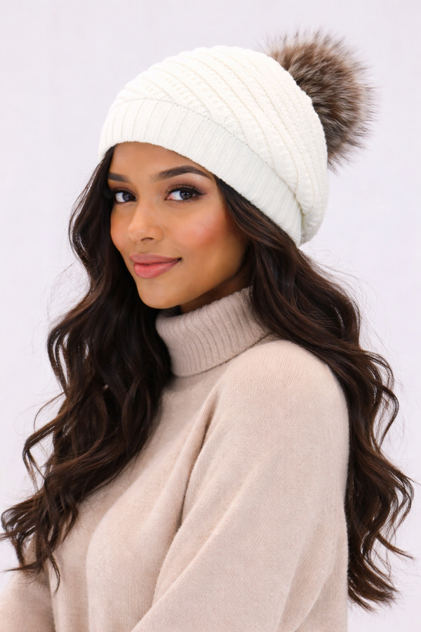 Surell Spiral Knit Beret With Fox Fur Pom