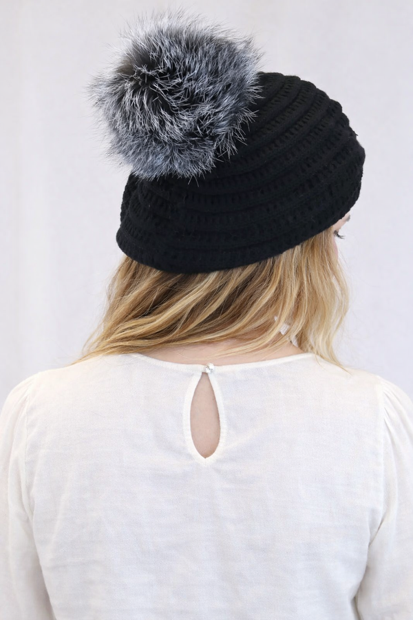 surell Spiral Knit Beret with Fox Fur Pom