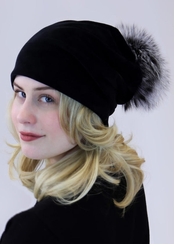 Surell Velvet Slouch Beanie With Fox Fur Pom
