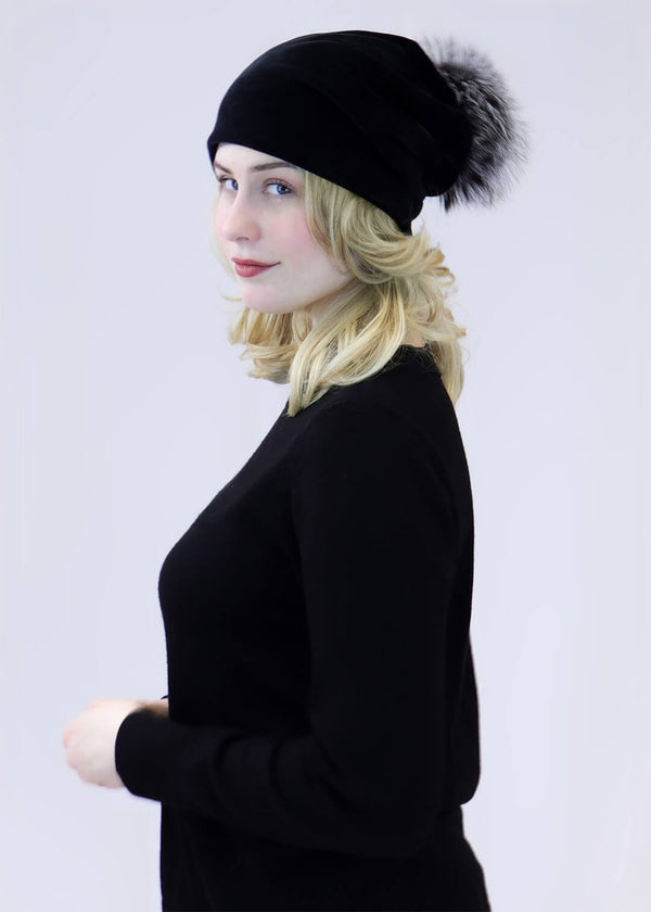 Surell Velvet Slouch Beanie With Fox Fur Pom