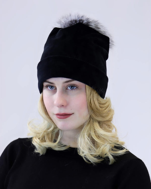 Surell Velvet Slouch Beanie With Fox Fur Pom