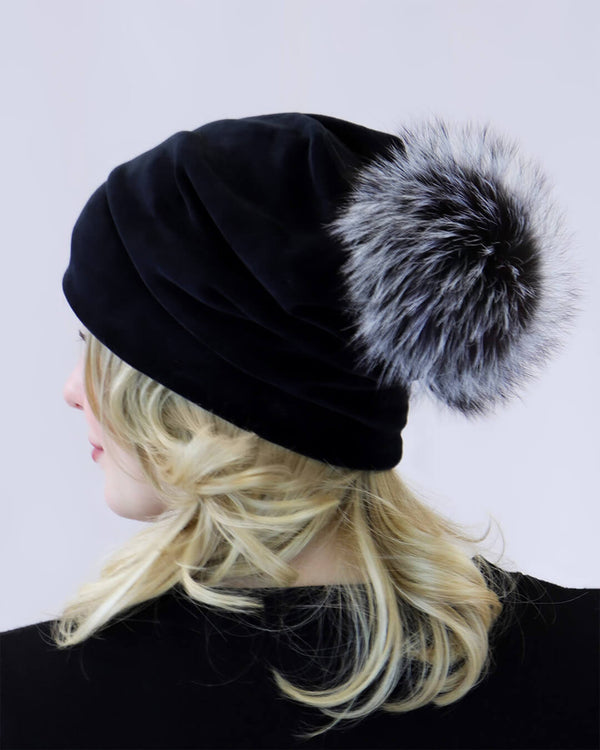 surell Velvet Slouch Beanie with Fox Fur Pom