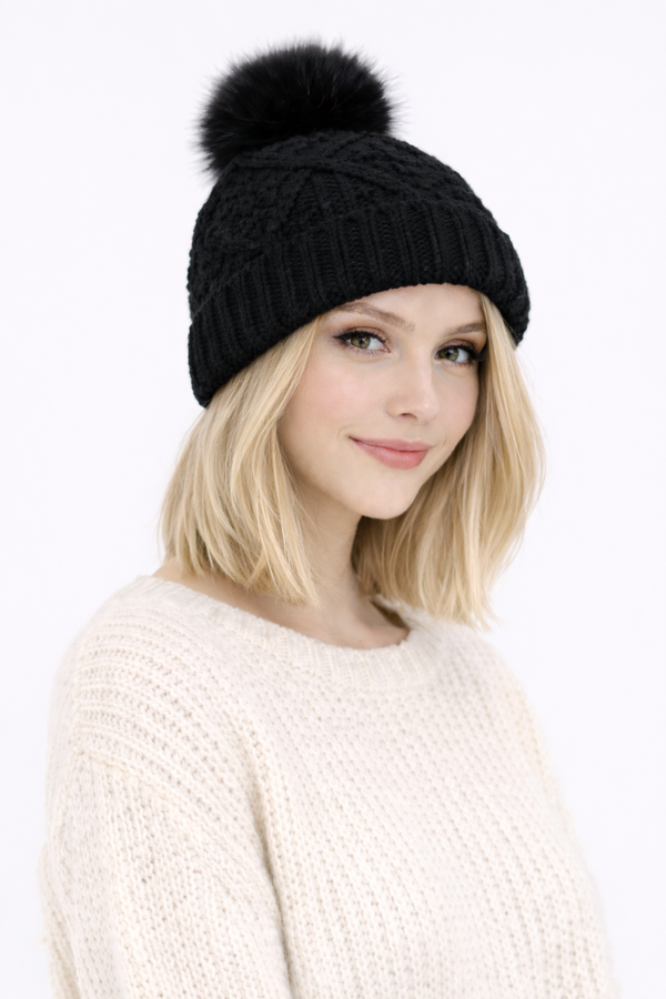 Surell Visor Beanie With Rabbit Fur Pom