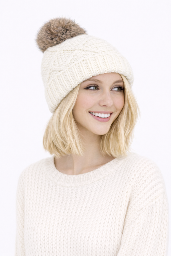 Surell Visor Beanie With Rabbit Fur Pom