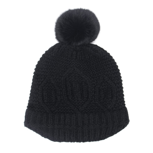 surell Visor Beanie with Rabbit Fur Pom
