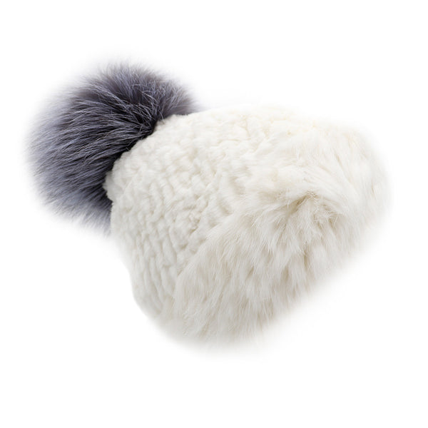 Surell White Rabbit Fur Beanie With Fox Fur Pom