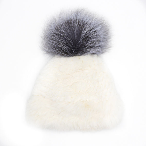 surell White Rabbit Fur Beanie with Fox Fur Pom