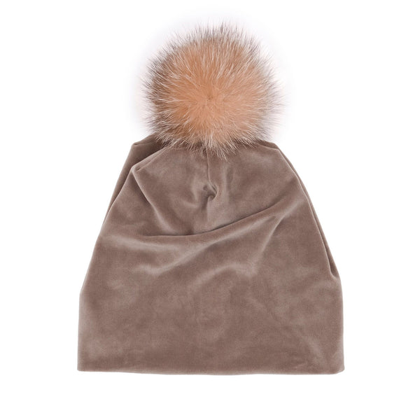 surell Taupe Velvet Slouch Beanie with Crystal Fox Fur Pom
