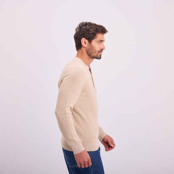 Svnty Beige Knit Button-Neck Pullover