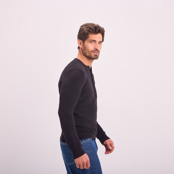 Svnty Black Knit Button-Neck Pullover