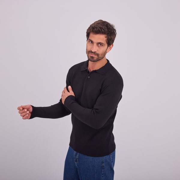 Svnty Black Knit Long-Sleeve Polo