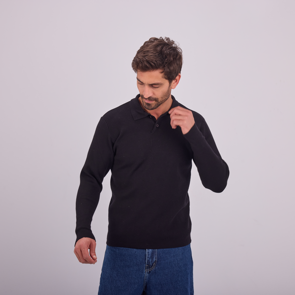 Svnty Black Knit Long-Sleeve Polo