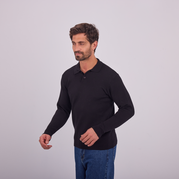 Svnty Black Knit Long-Sleeve Polo