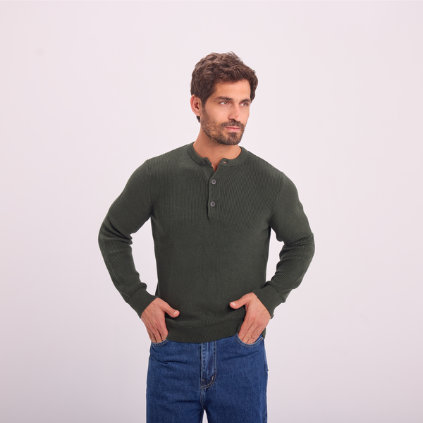 svnty Olive Knit Button-Neck Pullover