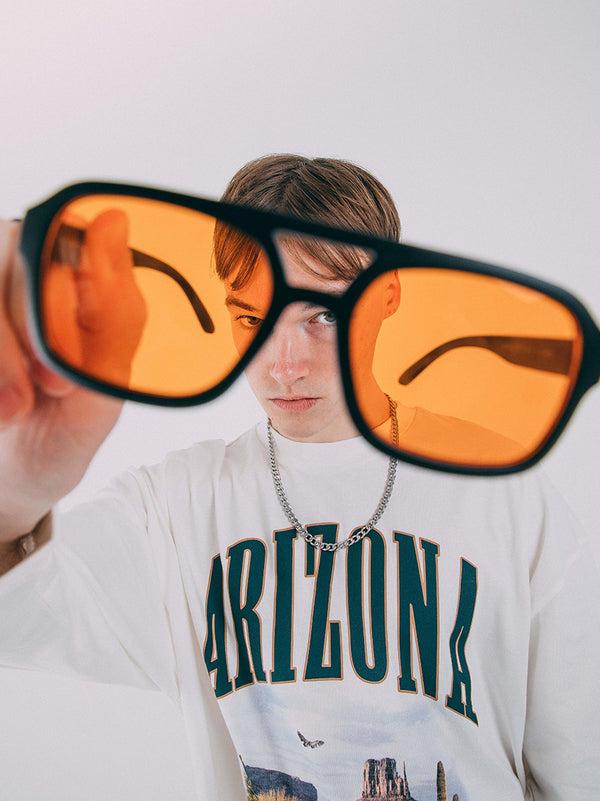 Svnx 70's Navigator Sunglasses In Black With Orange Lenses