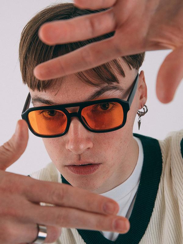 Svnx 70's Navigator Sunglasses In Black With Orange Lenses