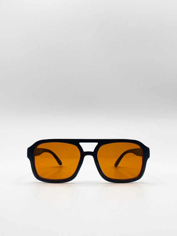 svnx 70's Navigator Sunglasses In Black With Orange Lenses
