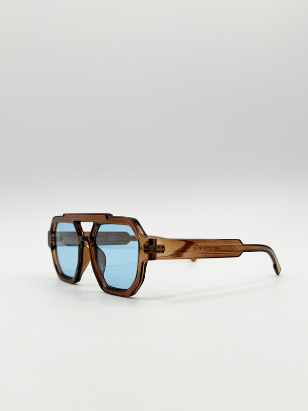 Svnx Angular Navigator Style Sunglasses In Brown With Blue Lenses