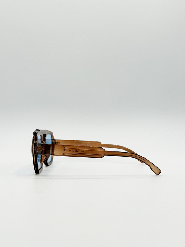 Svnx Angular Navigator Style Sunglasses In Brown With Blue Lenses