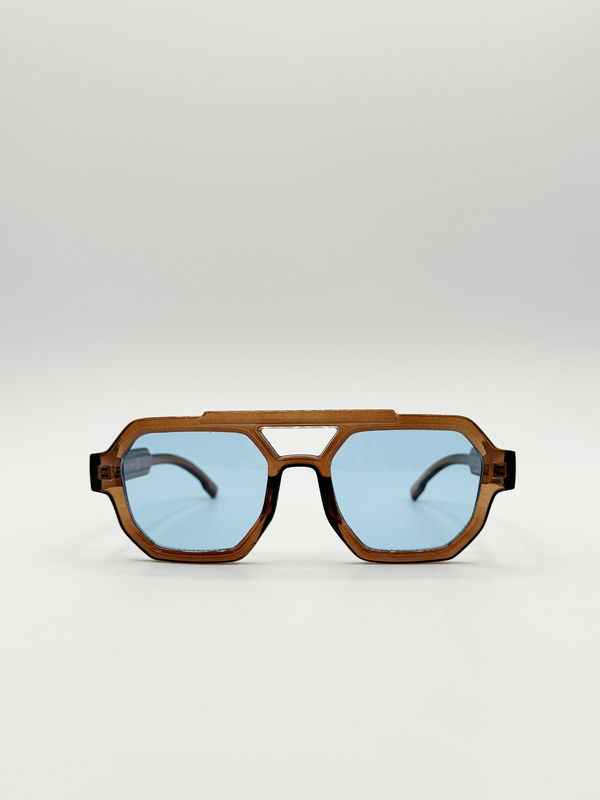 svnx Angular Navigator style sunglasses in Brown with blue Lenses