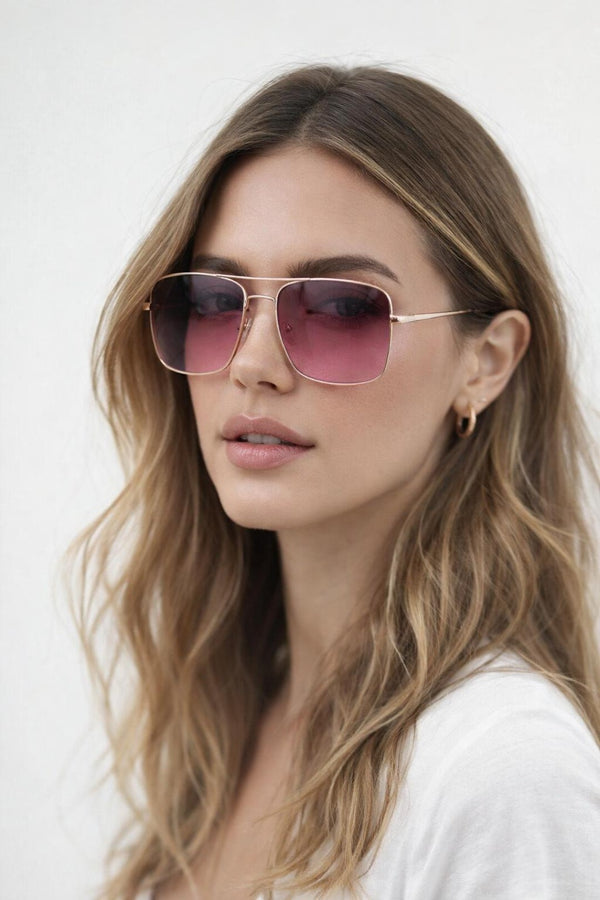 svnx Aviator Style Square Frame Sunglasses in Gold Pink