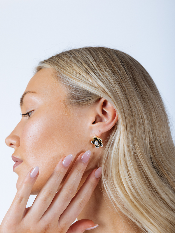 svnx Black Floral Pearl Stud Earrings in Gold - Gift Boxed