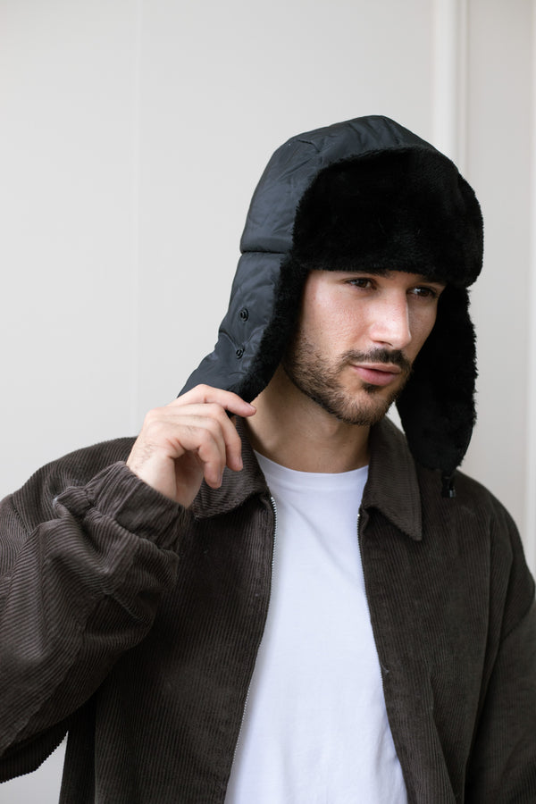 Svnx Black Lined Trapper Hat With Detachable Mouth Cover