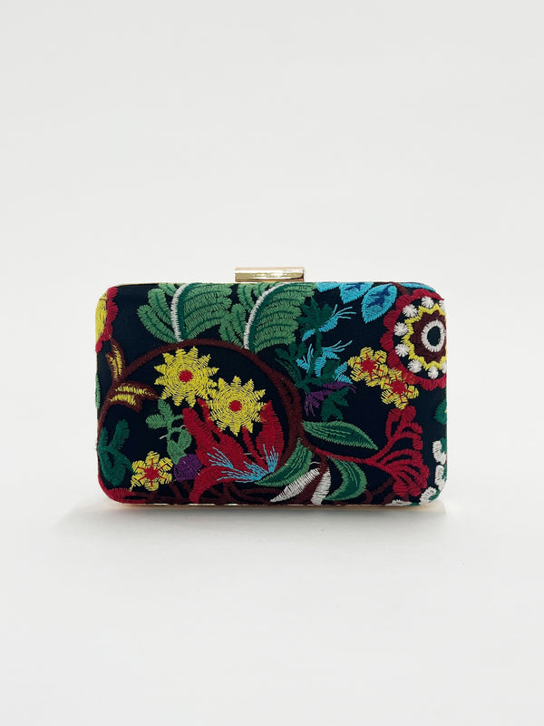 Svnx Black Square Clutch With Multicoloured Embroidered Florals
