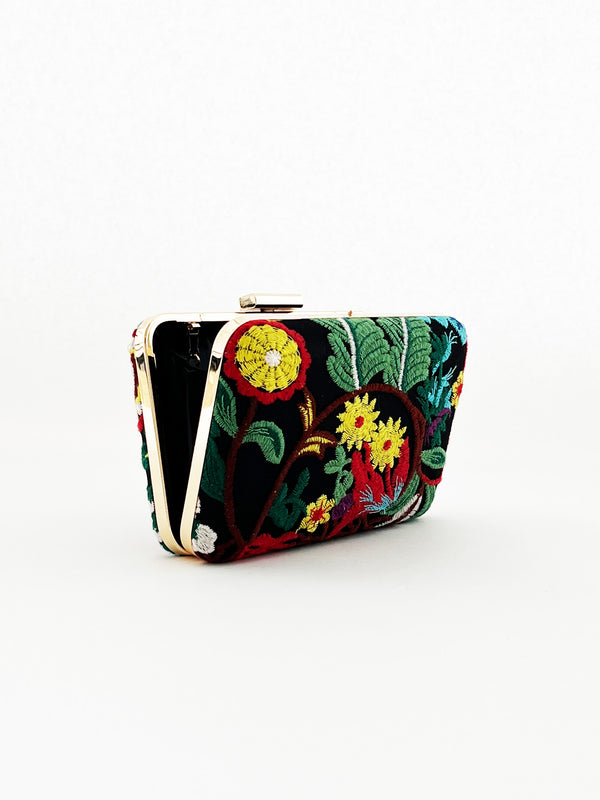 Svnx Black Square Clutch With Multicoloured Embroidered Florals