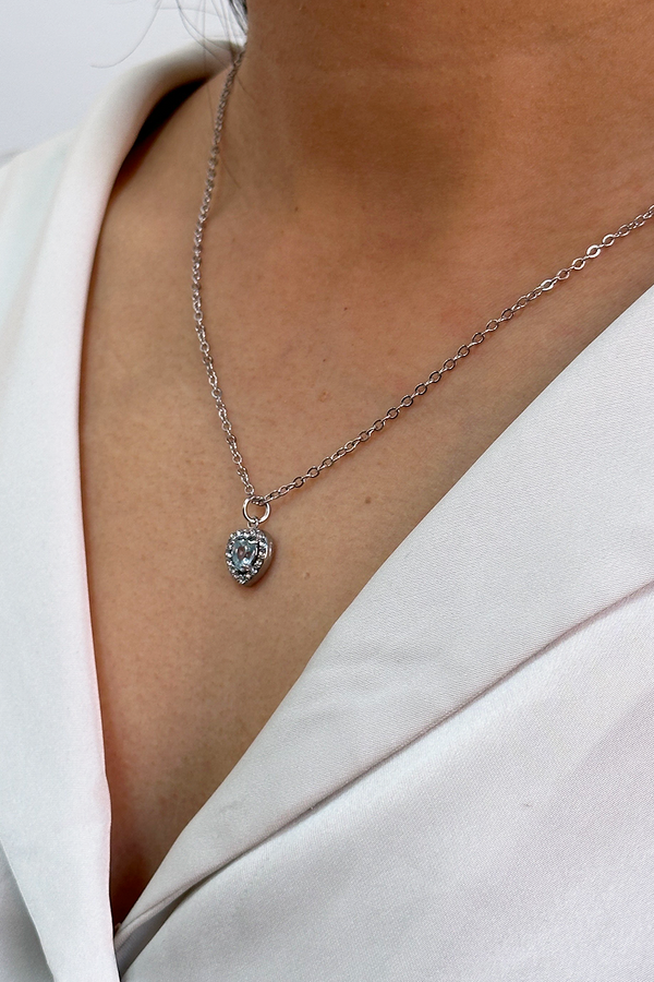 Svnx Blue Crystal Heart Pendant Necklace In Silver - Gift Boxed