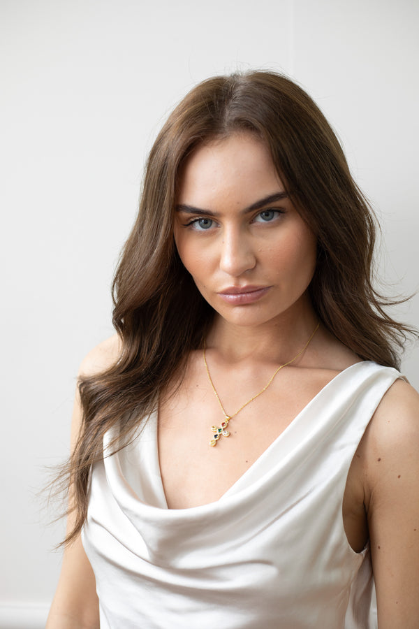 Svnx Cross Pendant Necklace In Multi Colour Stones - Gift Boxed