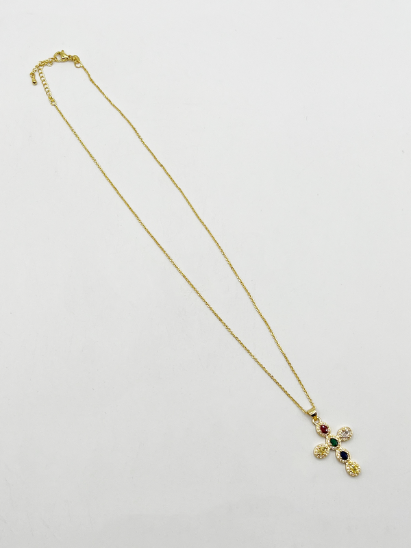 Svnx Cross Pendant Necklace In Multi Colour Stones - Gift Boxed