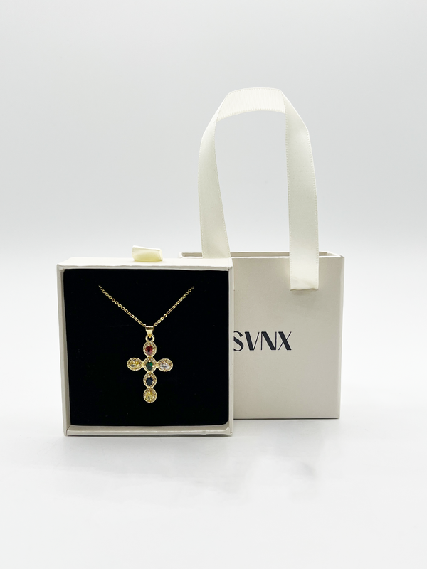 svnx Cross Pendant Necklace in Multi Colour Stones - Gift Boxed