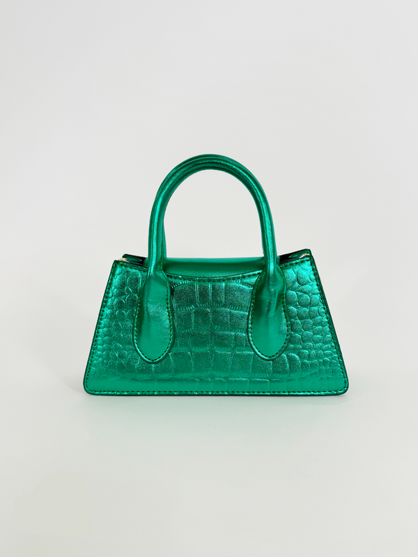 Svnx Faux Croc Mini Cross Body Bag In Metallic Green