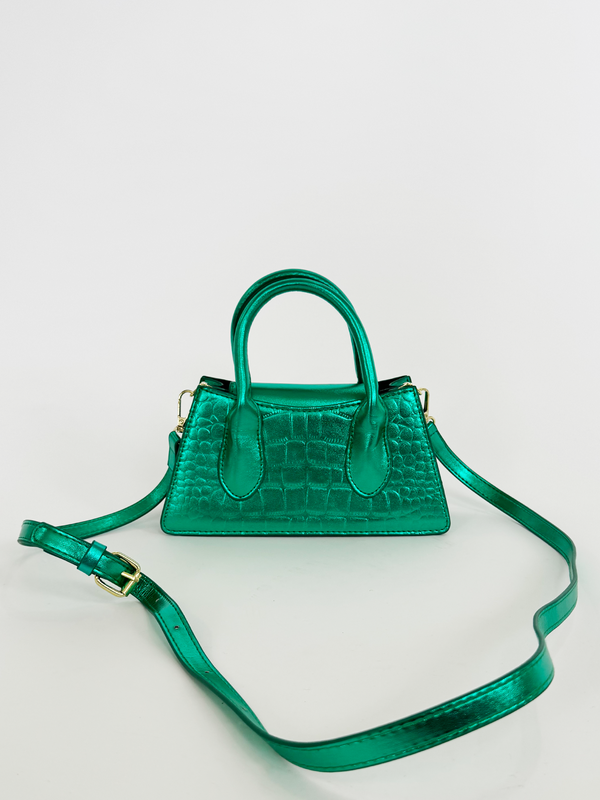 Svnx Faux Croc Mini Cross Body Bag In Metallic Green
