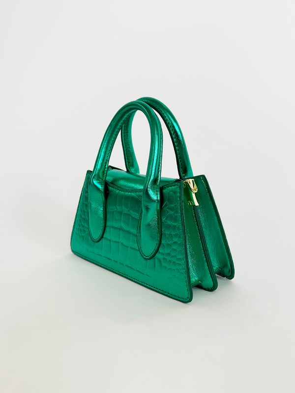 svnx Faux Croc Mini Cross Body Bag in Metallic Green