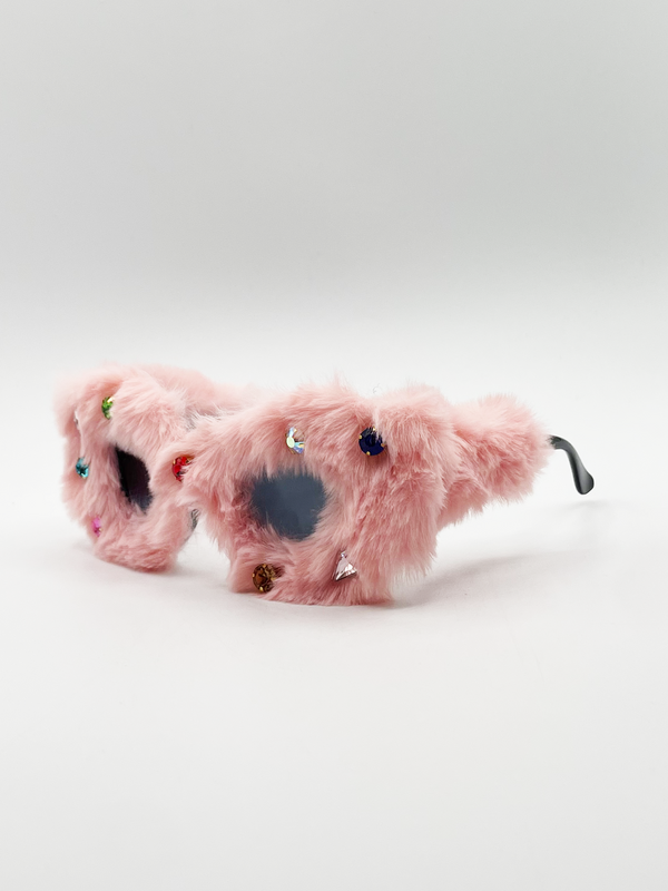 Svnx Faux Fur Cateye Sunglasses With Multicoloured Gems In Pink
