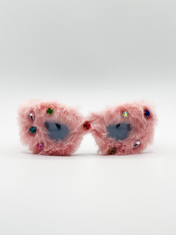 svnx Faux fur Cateye Sunglasses with multicoloured Gems in Pink