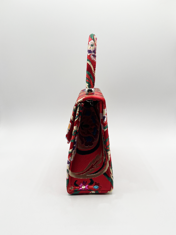 Svnx Floral Satin Embroidered Top Handle Bag In Red