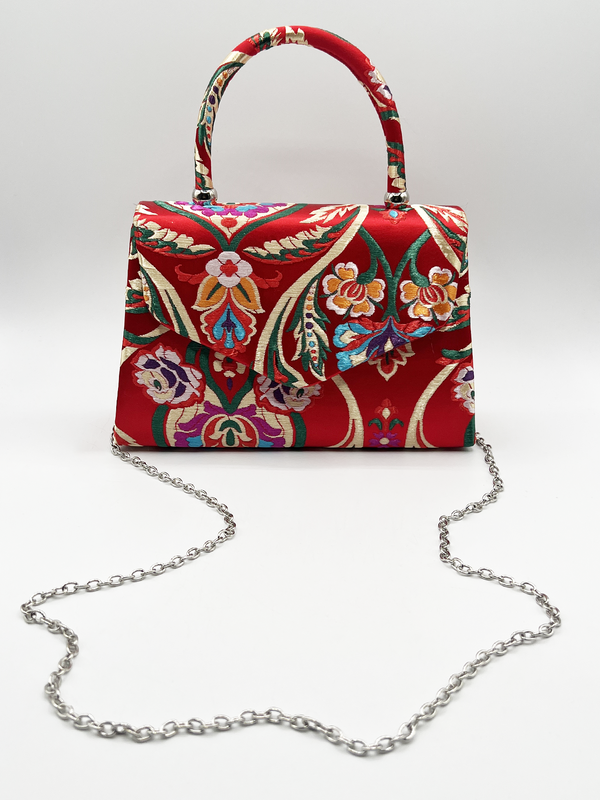 Svnx Floral Satin Embroidered Top Handle Bag In Red