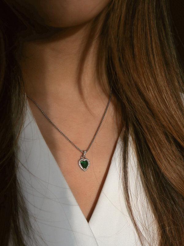 Svnx Green Diamante Heart Necklace And Earrings Set In Silver