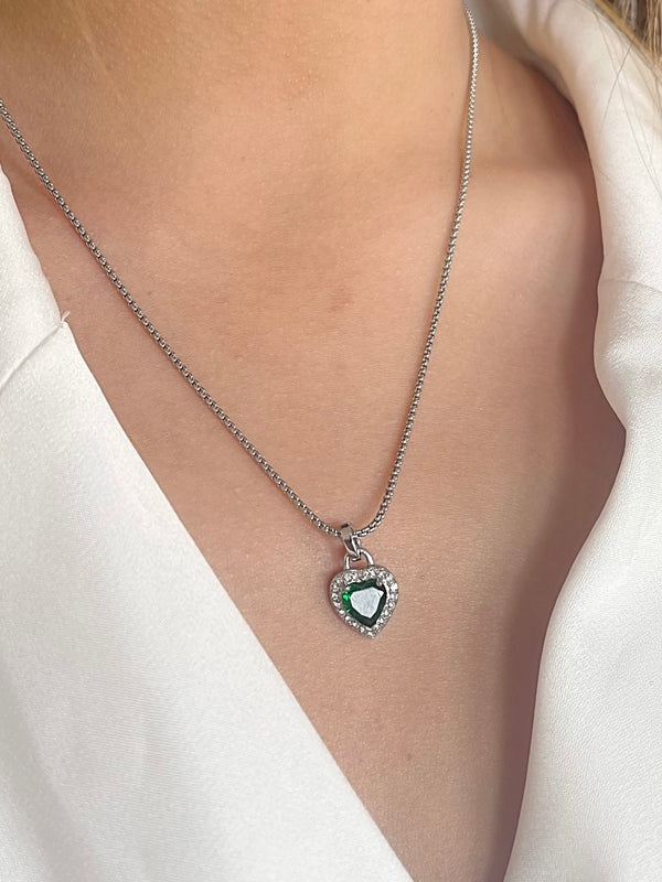 Svnx Green Diamante Heart Necklace And Earrings Set In Silver