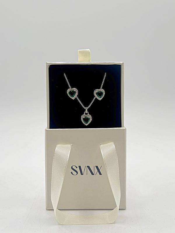 svnx Green Diamante Heart Necklace and Earrings Set in Silver